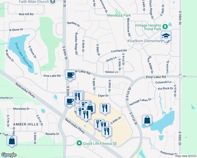 map of restaurants, bars, coffee shops, grocery stores, and more near 7060 South 88th Street in Lincoln