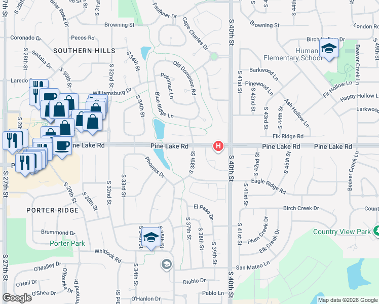 map of restaurants, bars, coffee shops, grocery stores, and more near 7015 South 38th Street in Lincoln