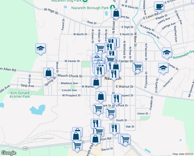 map of restaurants, bars, coffee shops, grocery stores, and more near 122 South Main Street in Nazareth