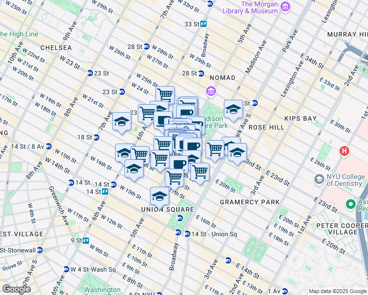 map of restaurants, bars, coffee shops, grocery stores, and more near 149 5th Avenue in New York