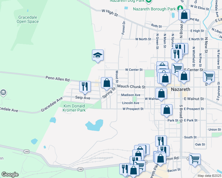 map of restaurants, bars, coffee shops, grocery stores, and more near 116 Spring Street in Nazareth
