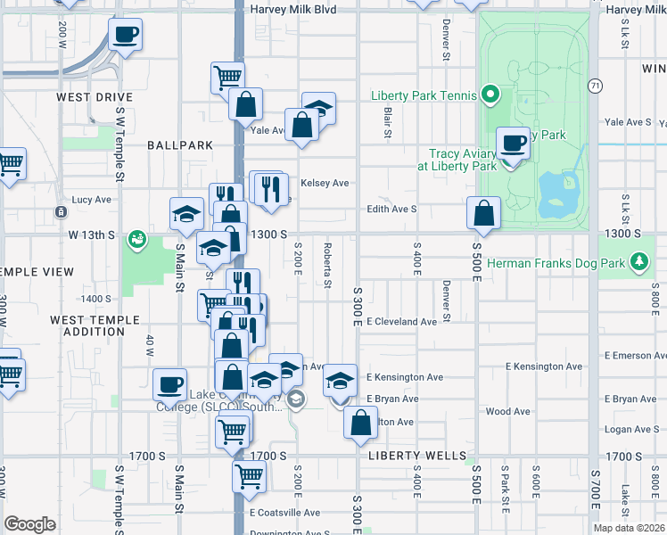 map of restaurants, bars, coffee shops, grocery stores, and more near 1361 Roberta Street in South Salt Lake
