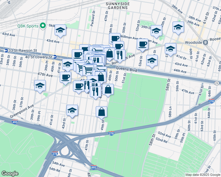map of restaurants, bars, coffee shops, grocery stores, and more near 47-29 49th Street in Queens