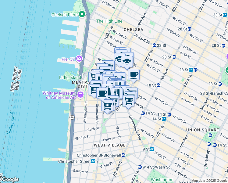 map of restaurants, bars, coffee shops, grocery stores, and more near 332 West 14th Street in New York
