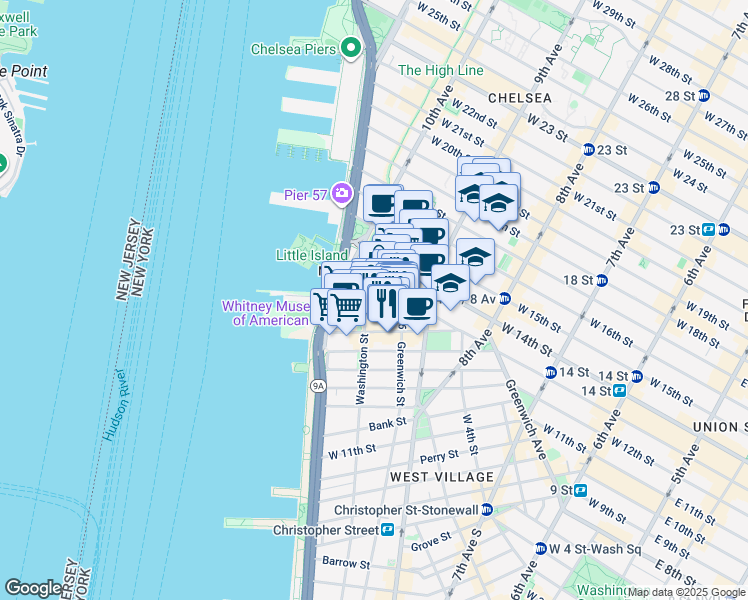 map of restaurants, bars, coffee shops, grocery stores, and more near 15 Little West 12th Street in New York