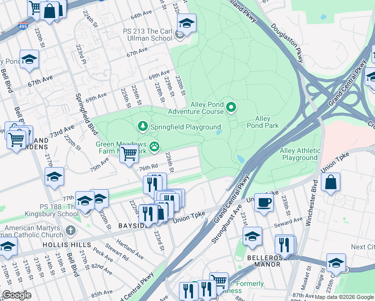 map of restaurants, bars, coffee shops, grocery stores, and more near 226-51 76th Road in Queens