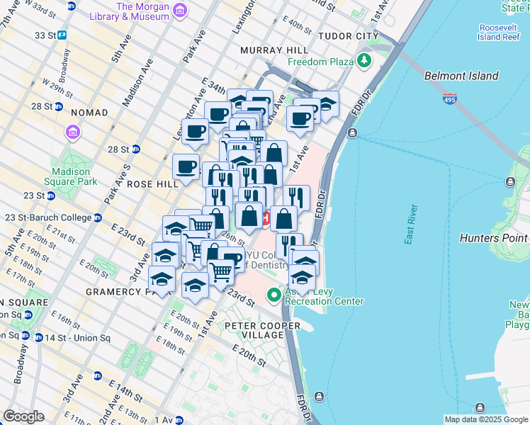 map of restaurants, bars, coffee shops, grocery stores, and more near 485 1st Avenue in New York