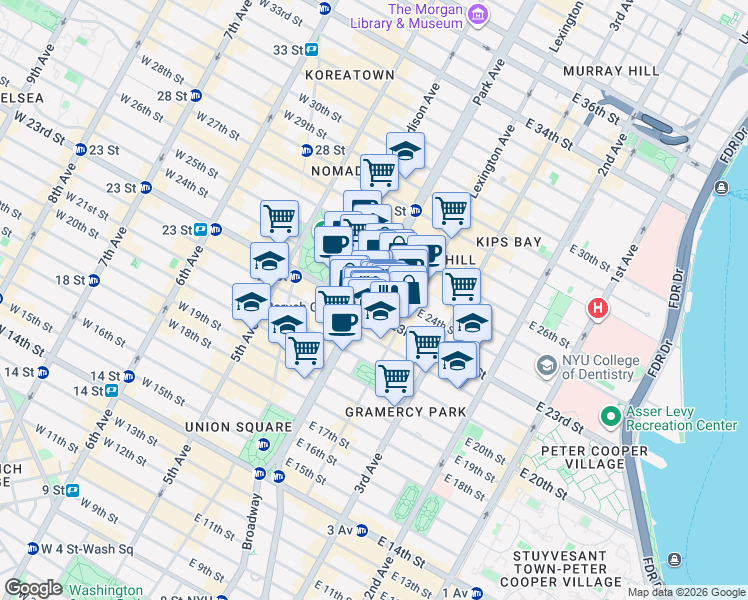 map of restaurants, bars, coffee shops, grocery stores, and more near 315 Park Avenue South in New York