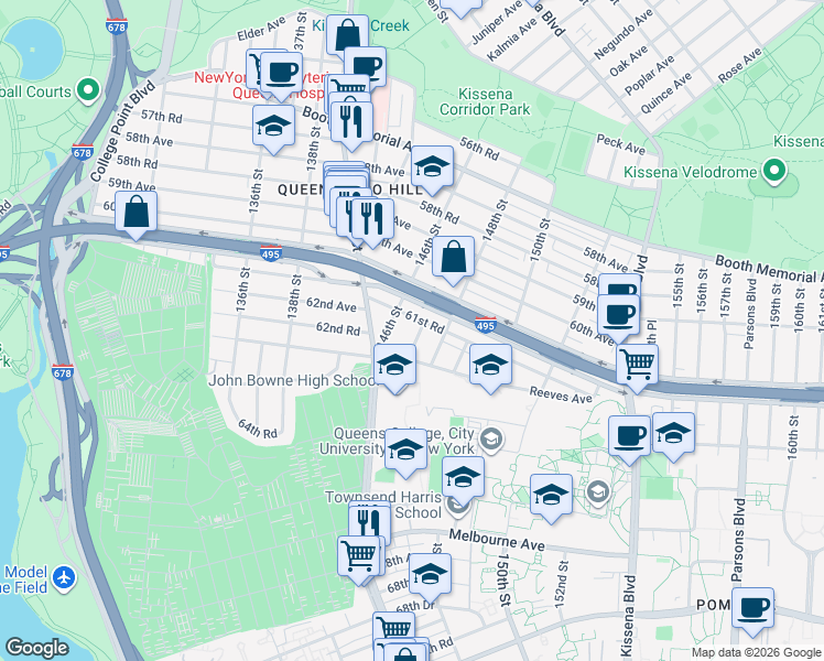 map of restaurants, bars, coffee shops, grocery stores, and more near 146-13 Reeves Avenue in Queens