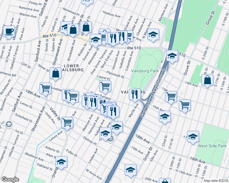 map of restaurants, bars, coffee shops, grocery stores, and more near 150 Isabella Avenue in Newark