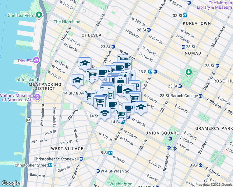 map of restaurants, bars, coffee shops, grocery stores, and more near in New York