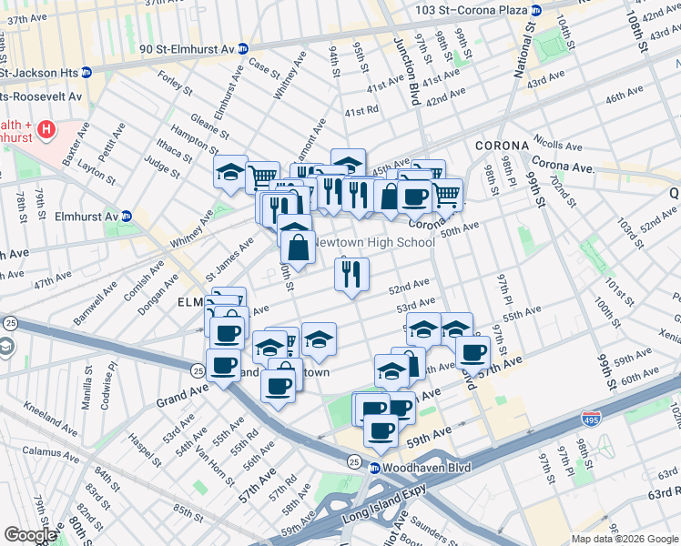 map of restaurants, bars, coffee shops, grocery stores, and more near 50-06 92nd Street in Queens
