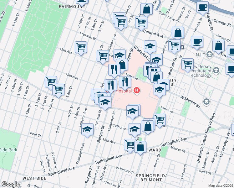 map of restaurants, bars, coffee shops, grocery stores, and more near 140 Bergen Street in Newark