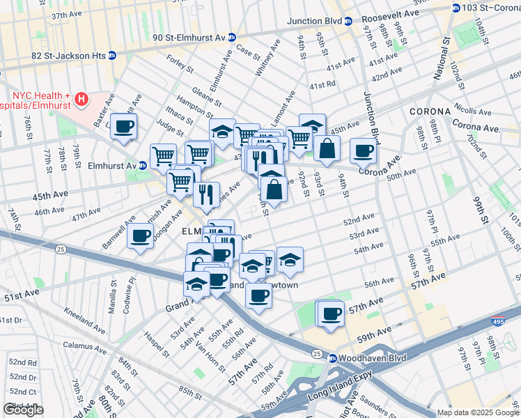 map of restaurants, bars, coffee shops, grocery stores, and more near 48-26 90th Street in Queens