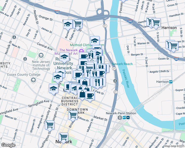 map of restaurants, bars, coffee shops, grocery stores, and more near 609 Broad Street in Newark
