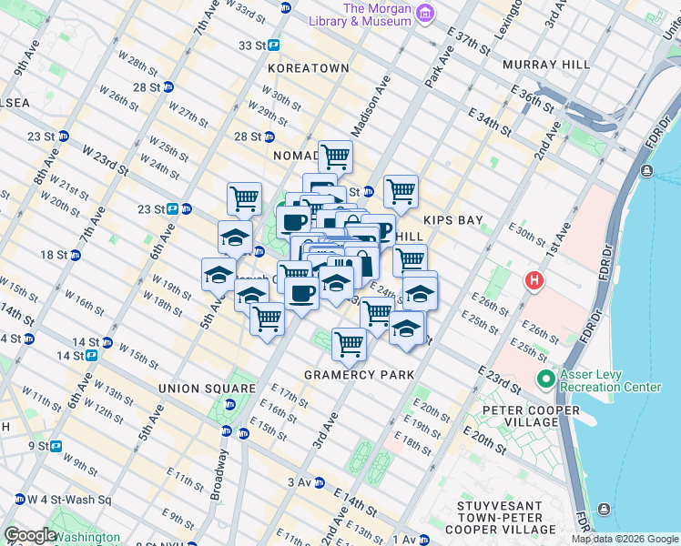 map of restaurants, bars, coffee shops, grocery stores, and more near 120 East 24th Street in New York