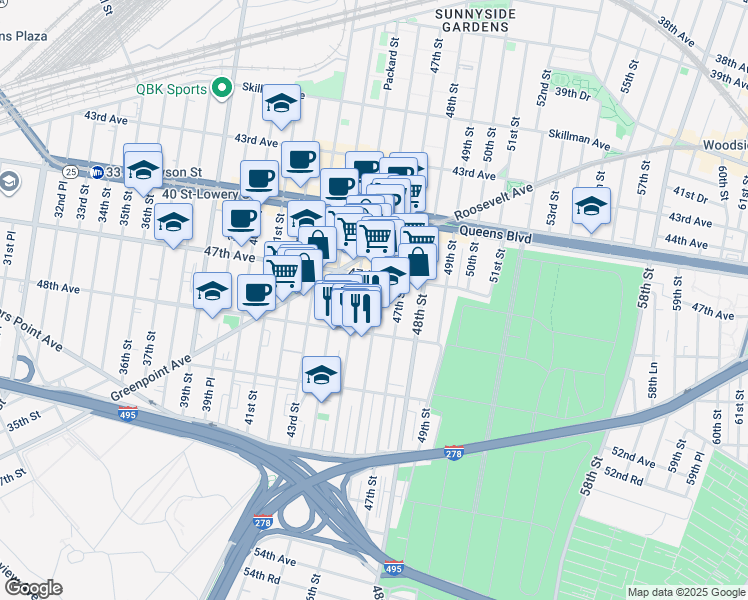 map of restaurants, bars, coffee shops, grocery stores, and more near 47-26 46th Street in Queens
