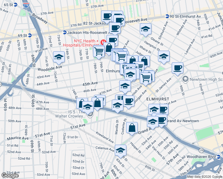 map of restaurants, bars, coffee shops, grocery stores, and more near 80th Street in Queens