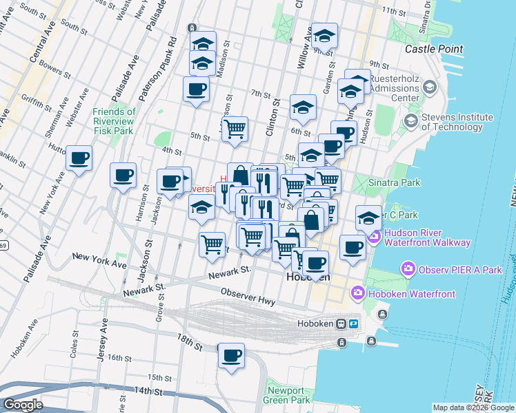 map of restaurants, bars, coffee shops, grocery stores, and more near 309 2nd Street in Hoboken