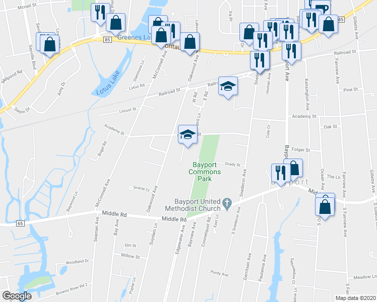map of restaurants, bars, coffee shops, grocery stores, and more near 150 Academy Street in Bayport