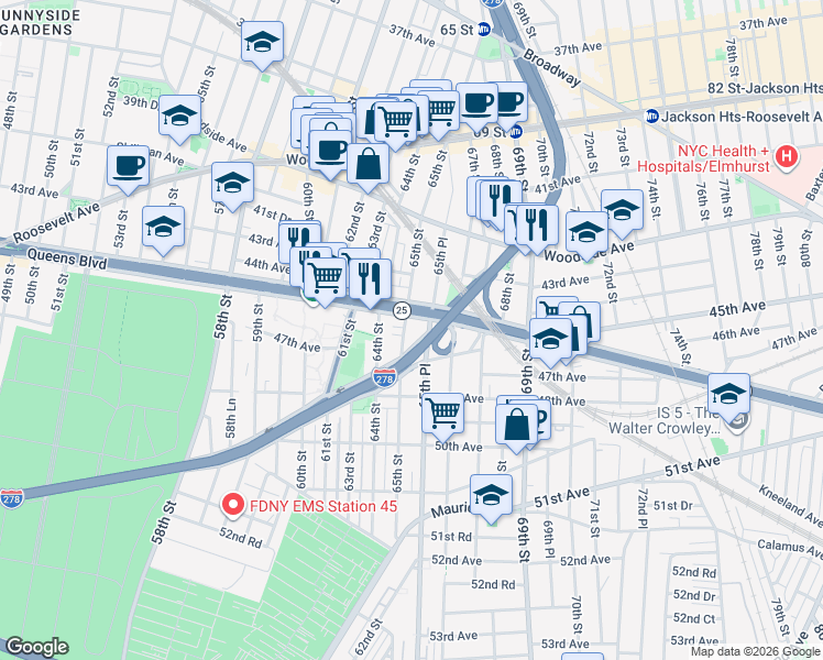 map of restaurants, bars, coffee shops, grocery stores, and more near 44-25 65th Street in Queens