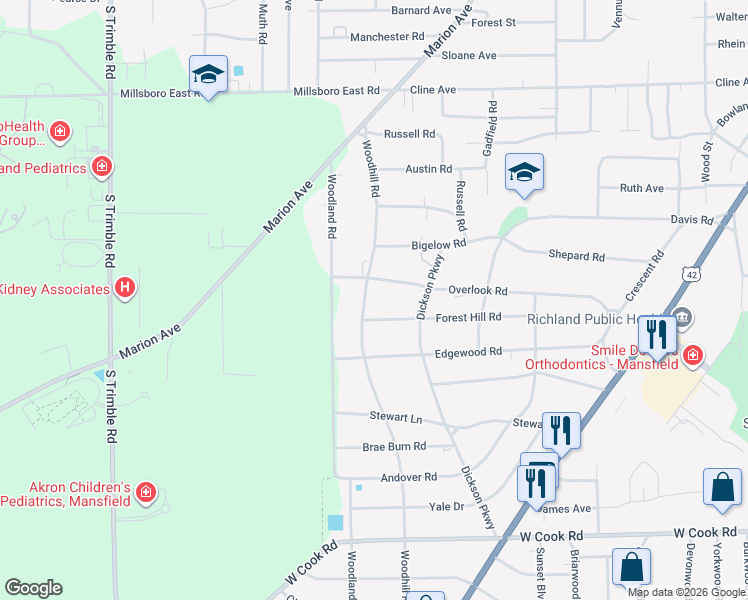 map of restaurants, bars, coffee shops, grocery stores, and more near 685 Woodhill Road in Mansfield