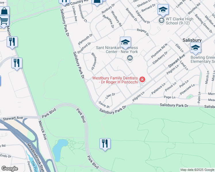 map of restaurants, bars, coffee shops, grocery stores, and more near 595 Ralph Place in Westbury