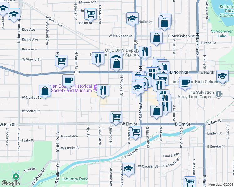 map of restaurants, bars, coffee shops, grocery stores, and more near 511 West Market Street in Lima