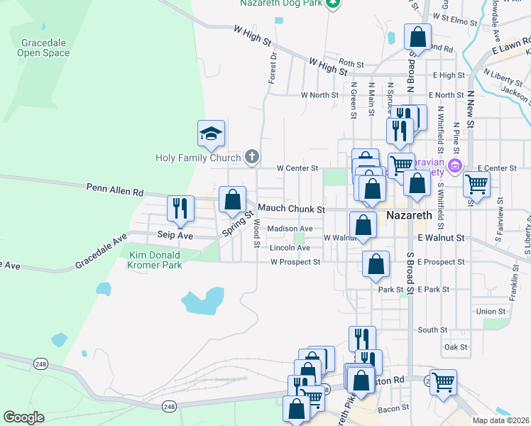 map of restaurants, bars, coffee shops, grocery stores, and more near 350 Madison Avenue in Nazareth
