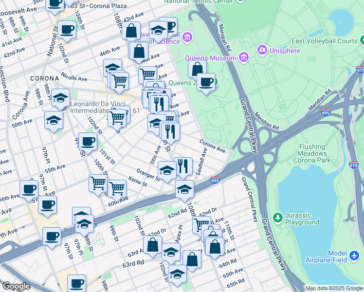 map of restaurants, bars, coffee shops, grocery stores, and more near 57-11 Van Doren Street in Queens