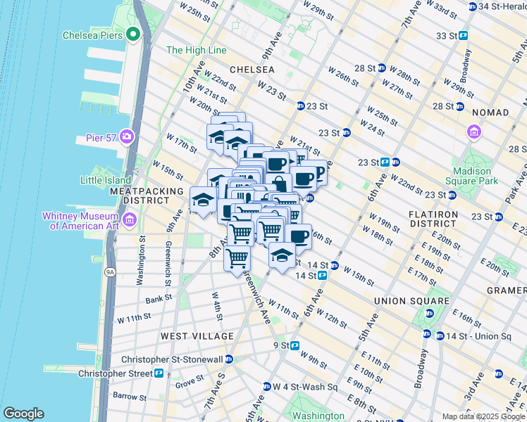 map of restaurants, bars, coffee shops, grocery stores, and more near 228 West 15th Street in New York