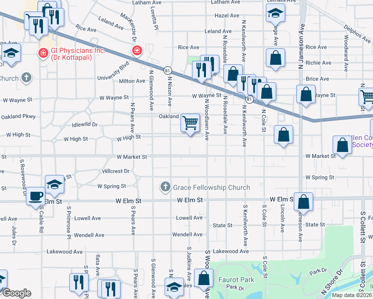 map of restaurants, bars, coffee shops, grocery stores, and more near 1459 W Market St in Lima