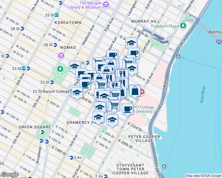 map of restaurants, bars, coffee shops, grocery stores, and more near 123 5th Avenue in New York