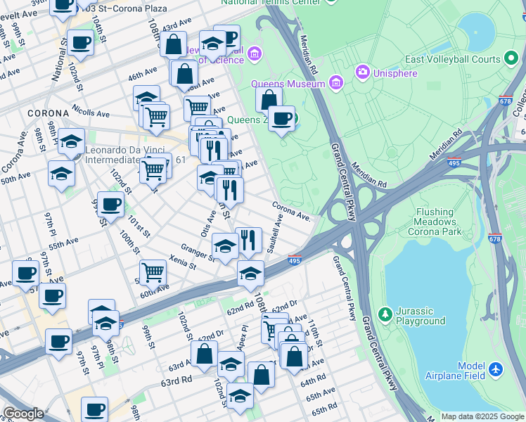 map of restaurants, bars, coffee shops, grocery stores, and more near 56-52 Van Cleef Street in Queens