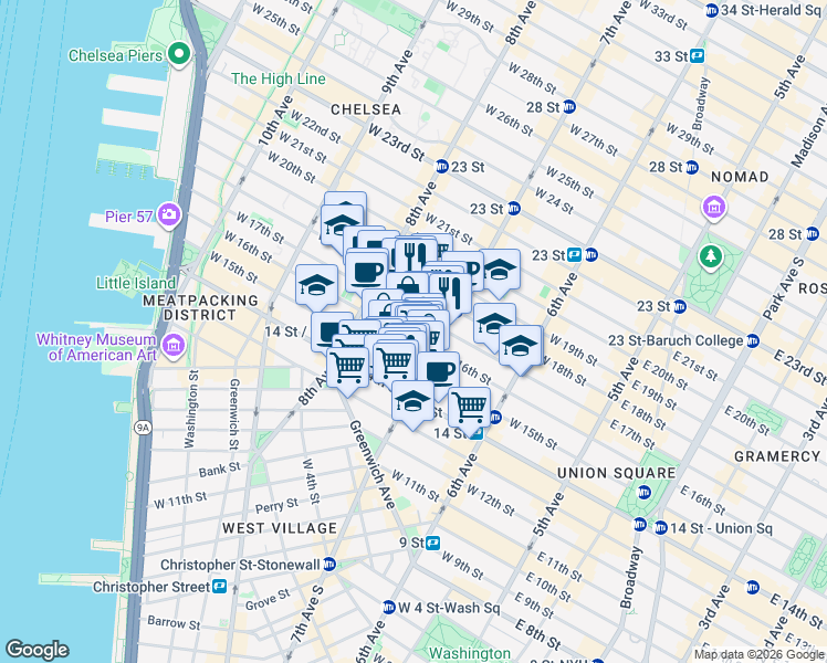 map of restaurants, bars, coffee shops, grocery stores, and more near in New York