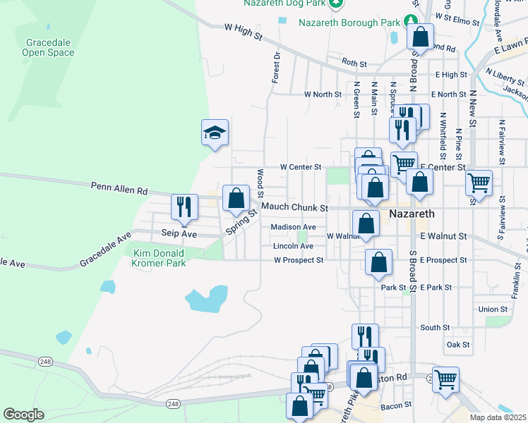 map of restaurants, bars, coffee shops, grocery stores, and more near 347 Mauch Chunk Street in Nazareth