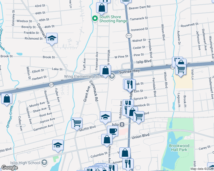map of restaurants, bars, coffee shops, grocery stores, and more near 120 Winganhauppauge Road in Islip