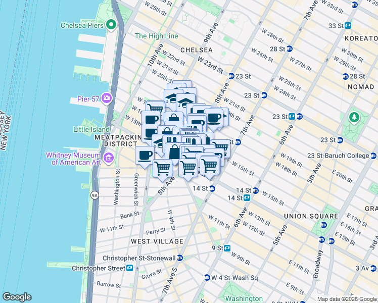 map of restaurants, bars, coffee shops, grocery stores, and more near 300 West 14th Street in New York