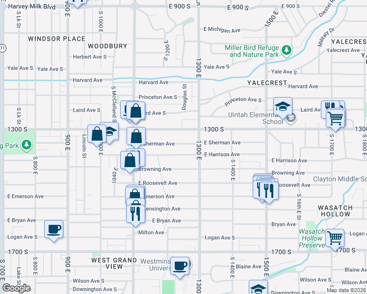 map of restaurants, bars, coffee shops, grocery stores, and more near 1249 Harrison Avenue South in Salt Lake City