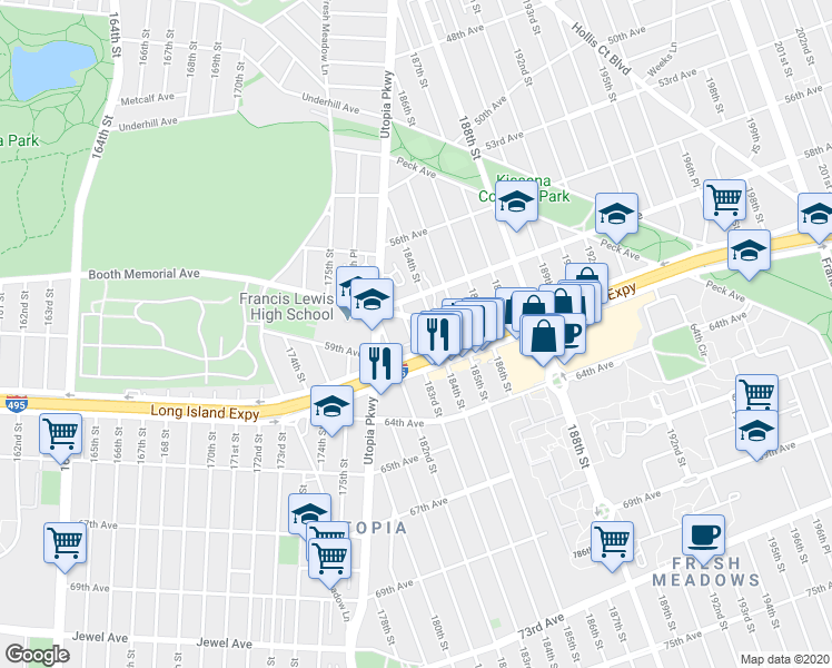 map of restaurants, bars, coffee shops, grocery stores, and more near 58-15 183rd Street in Queens