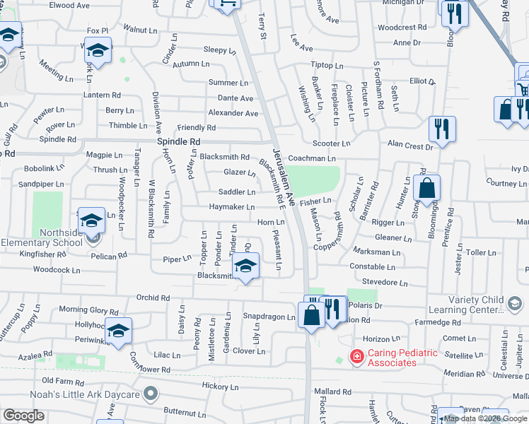 map of restaurants, bars, coffee shops, grocery stores, and more near 141 Horn Lane in Levittown