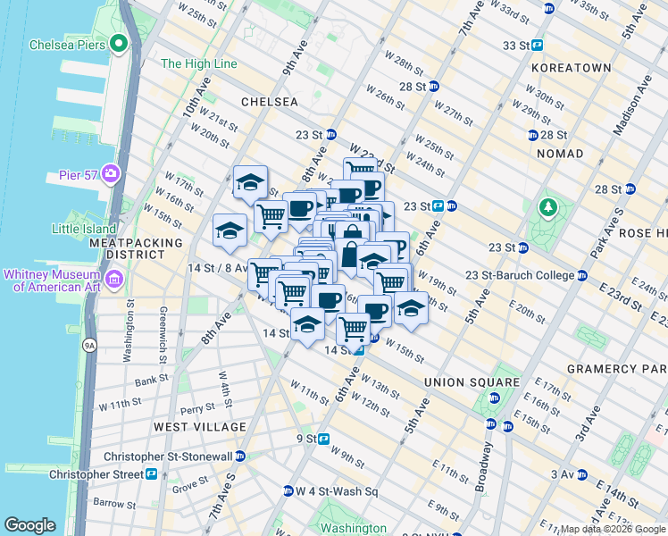 map of restaurants, bars, coffee shops, grocery stores, and more near 7th Ave & W 17th St in New York