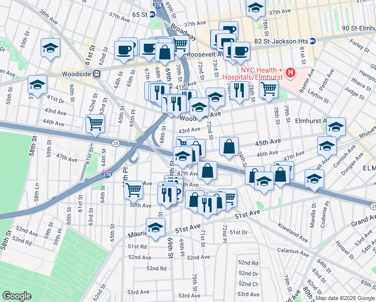 map of restaurants, bars, coffee shops, grocery stores, and more near in Queens