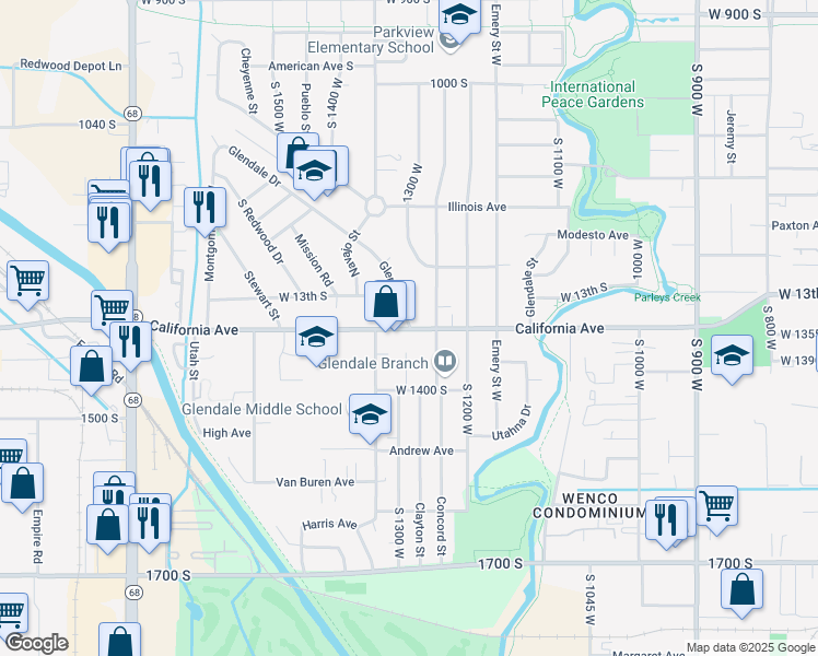map of restaurants, bars, coffee shops, grocery stores, and more near 1434 Glendale Drive in Salt Lake City