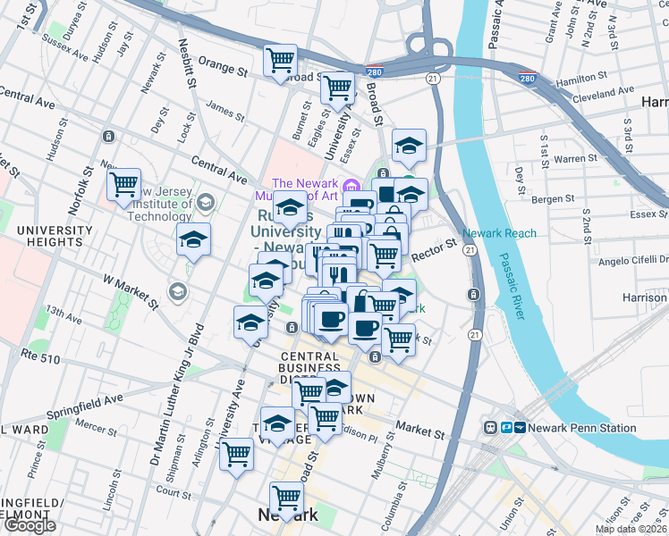 map of restaurants, bars, coffee shops, grocery stores, and more near 71 Halsey Street in Newark