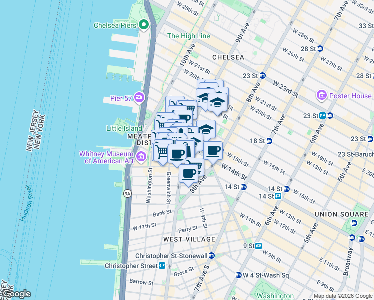 map of restaurants, bars, coffee shops, grocery stores, and more near 350 West 14th Street in New York