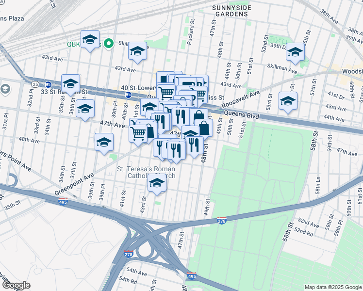 map of restaurants, bars, coffee shops, grocery stores, and more near 47-22 46th Street in Queens