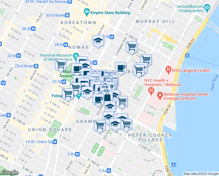 map of restaurants, bars, coffee shops, grocery stores, and more near 200 East 24th Street in New York