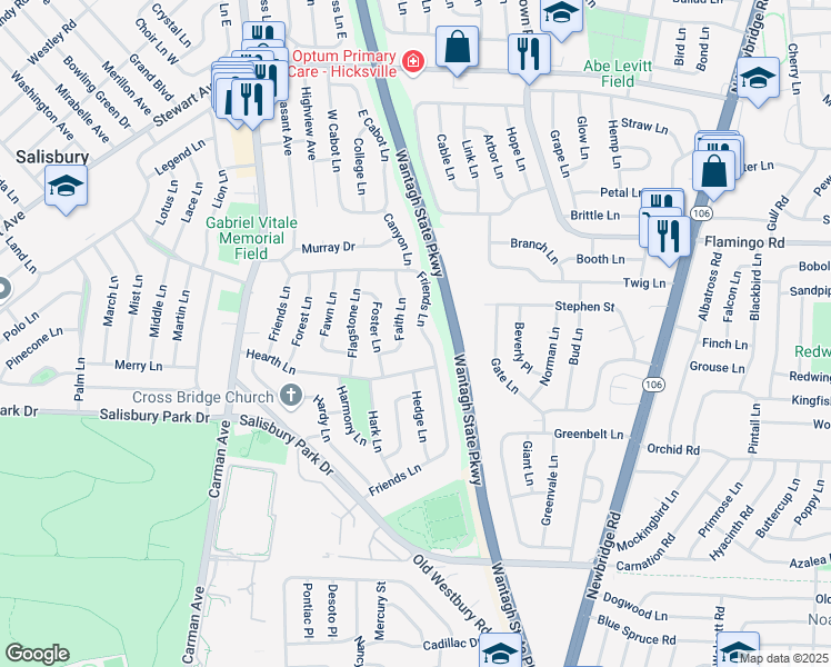 map of restaurants, bars, coffee shops, grocery stores, and more near 43 Faith Lane in Westbury