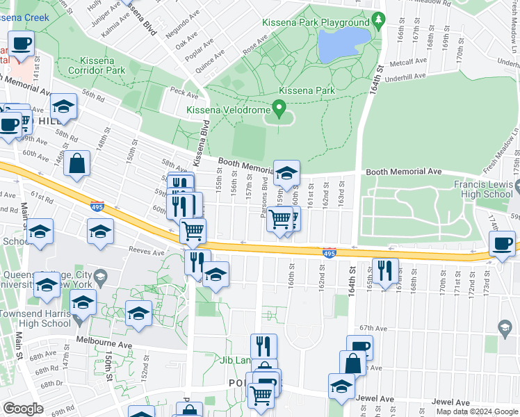 map of restaurants, bars, coffee shops, grocery stores, and more near 157-2 59th Avenue in Queens